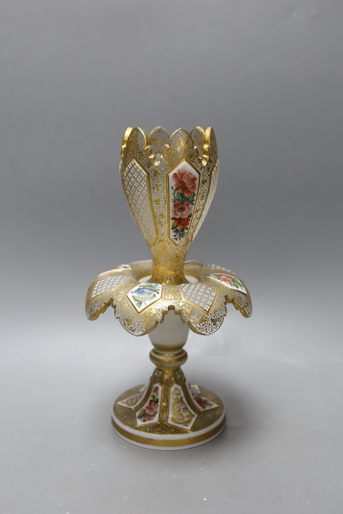 A 19th century Bohemian cut enamelled and gilded glass centrepiece, in two parts, 25cm